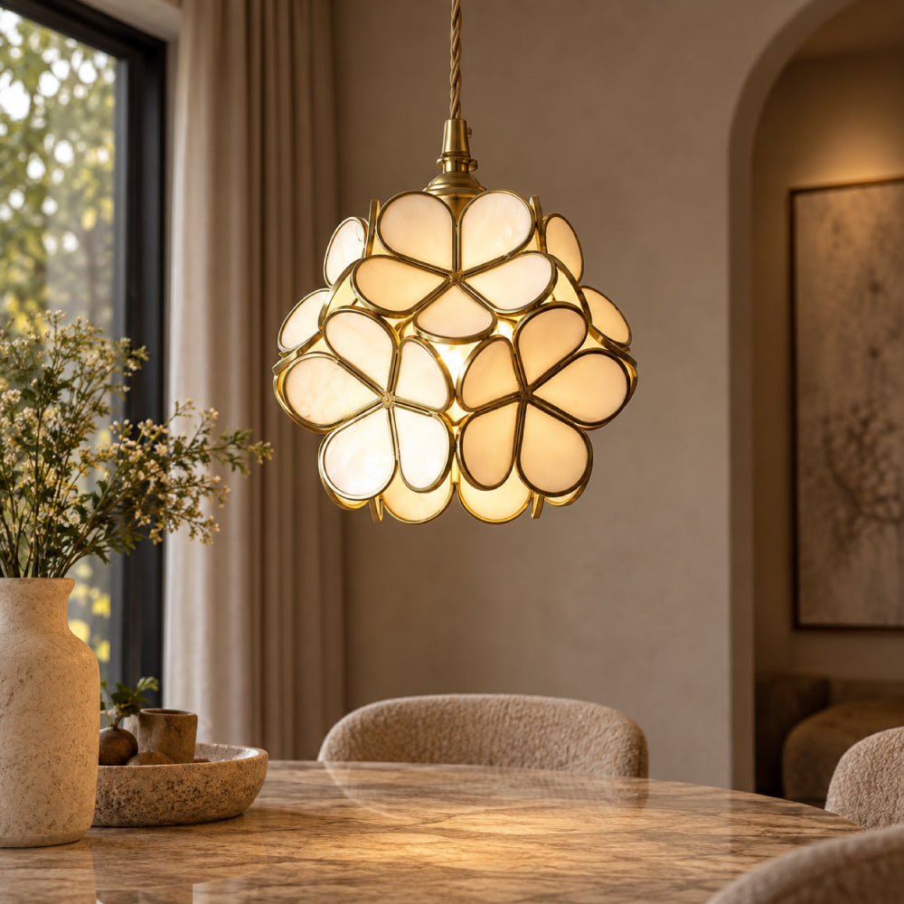Flower-Shaped Glass Pendant with Brass Details
