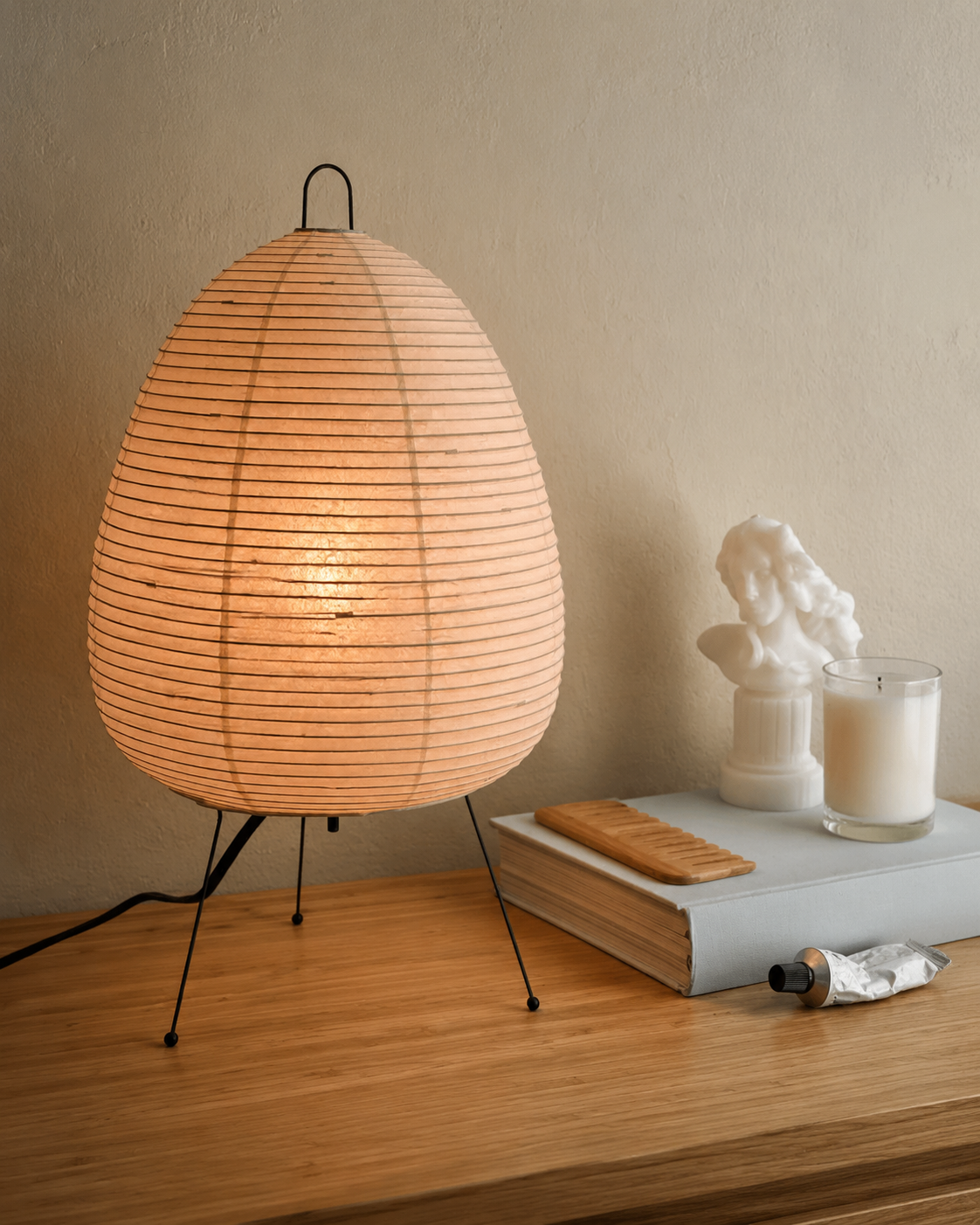 Japanese-Inspired Paper Table Lamp – Adjustable LED Lighting with Metal Base