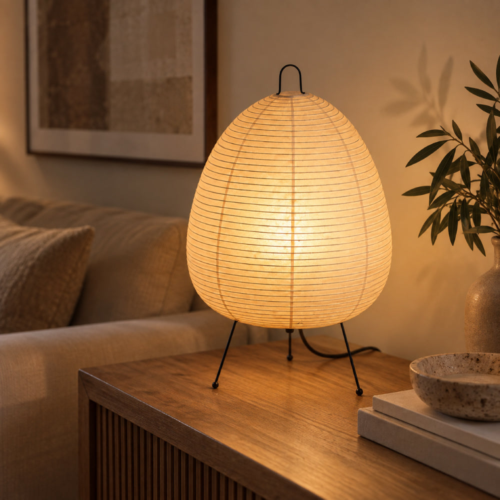Japanese-Inspired Paper Table Lamp – Adjustable LED Lighting with Metal Base