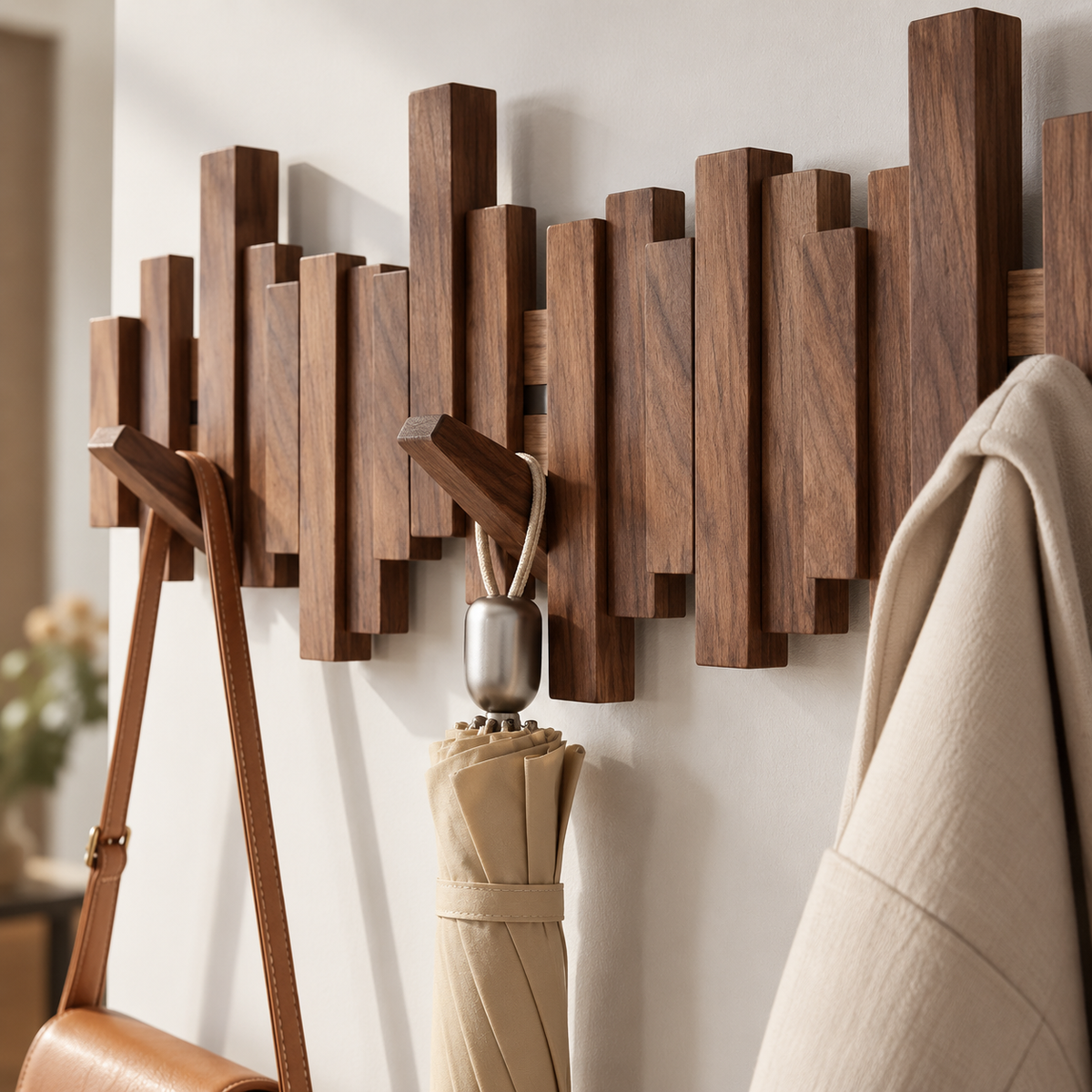 Solid Walnut or Beech Coat Rack with Folding Hooks