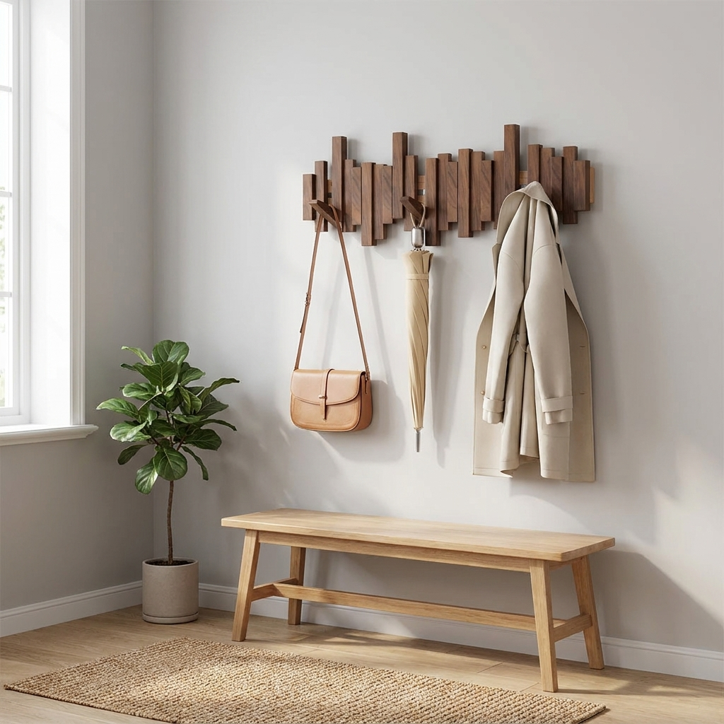 Solid Walnut or Beech Coat Rack with Folding Hooks