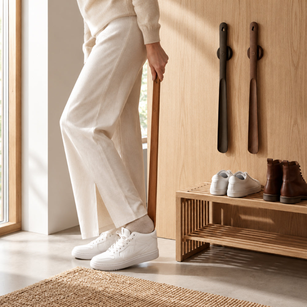 Long Minimalist Wall-Mounted Shoe Horn with Handy Storage