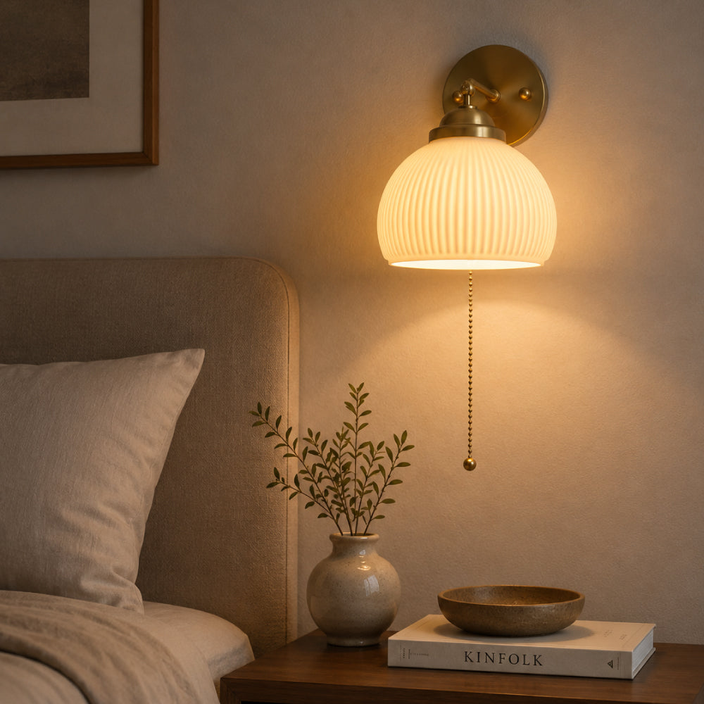 Nordic Bedroom Wall Light – White Fluted Glass Shade