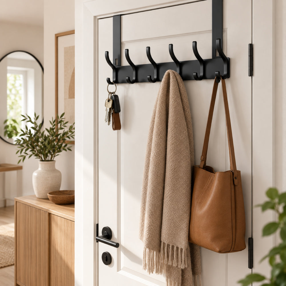 Aluminum Over-the-Door Hook Rack with Space-Saving Storage Design