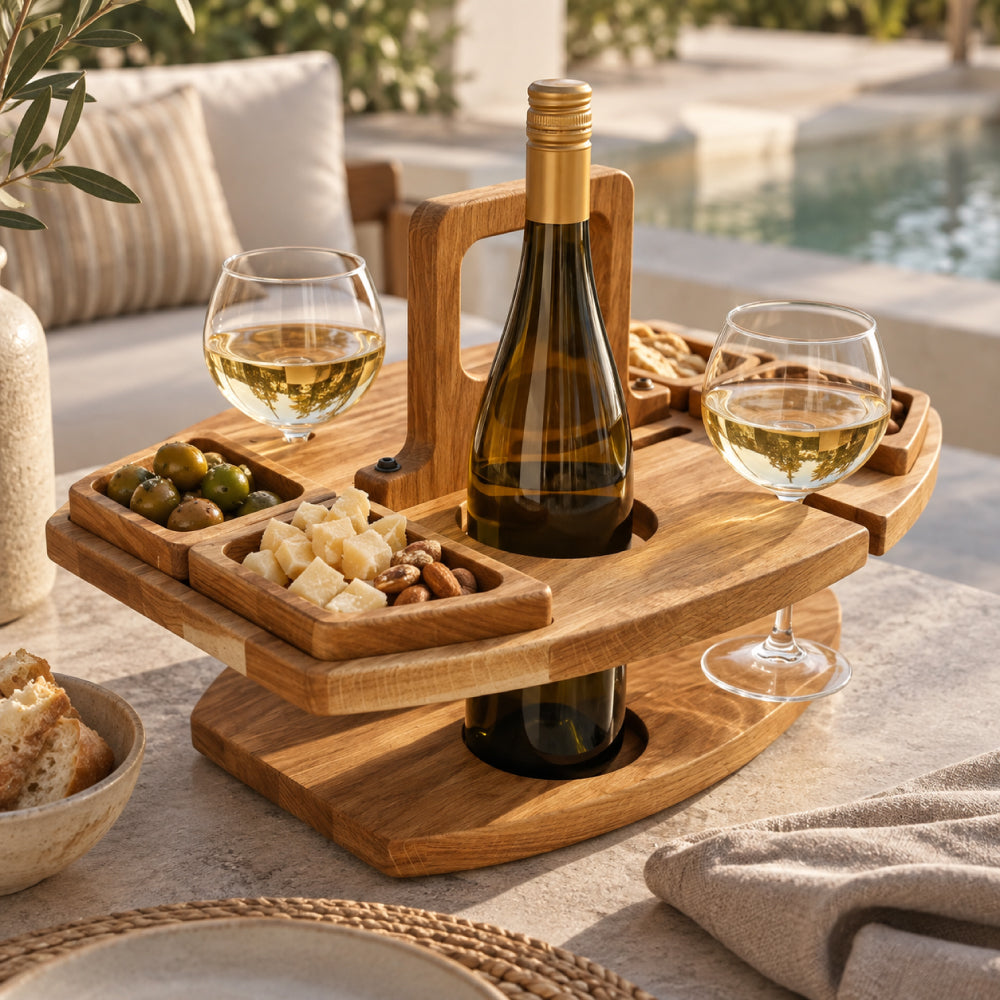 Wooden Picnic Tray for Wine and Snacks – Compact and Portable for Outdoor Use