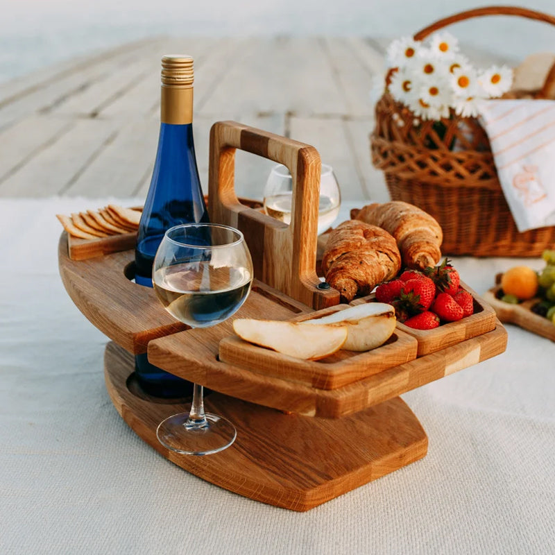 Wooden Picnic Tray for Wine and Snacks – Compact and Portable for Outdoor Use
