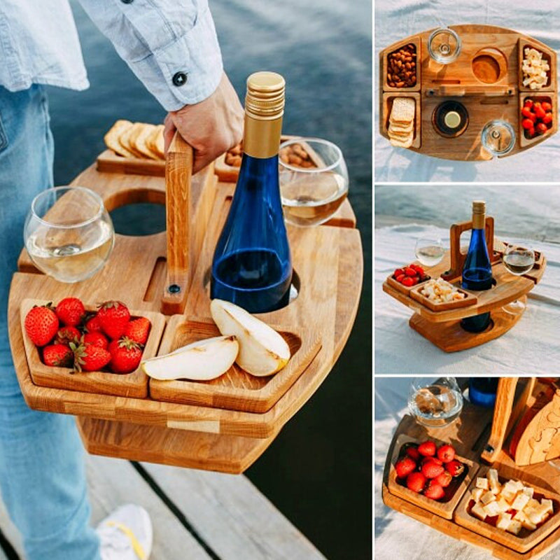 Wooden Picnic Tray for Wine and Snacks – Compact and Portable for Outdoor Use