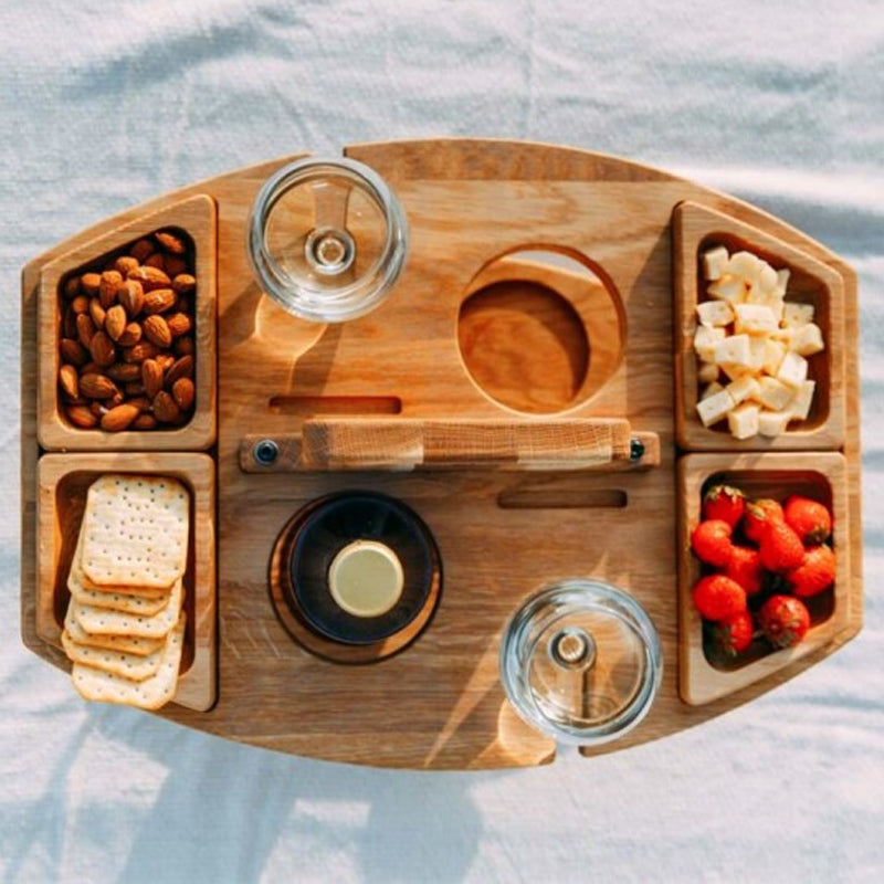 Wooden Picnic Tray for Wine and Snacks – Compact and Portable for Outdoor Use