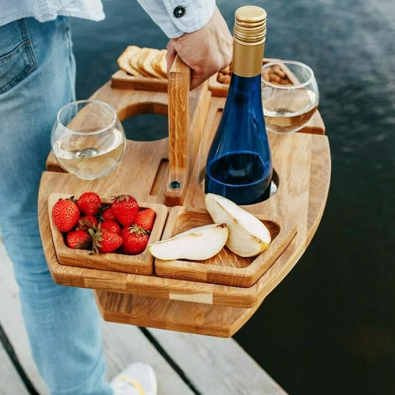 Wooden Picnic Tray for Wine and Snacks – Compact and Portable for Outdoor Use