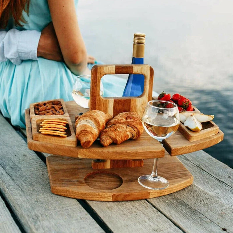 Wooden Picnic Tray for Wine and Snacks – Compact and Portable for Outdoor Use