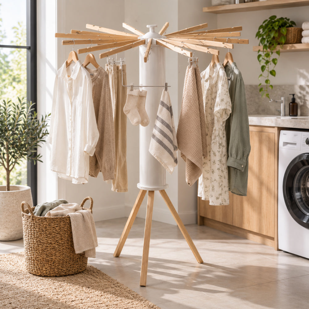 Foldable Steel Drying Rack with Beech Wood Arms – Space-Saving for Indoor and Outdoor Use