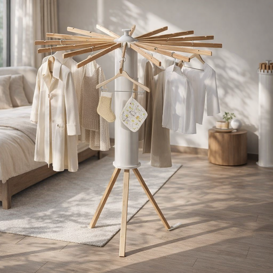 Foldable Steel Drying Rack with Beech Wood Arms – Space-Saving for Indoor and Outdoor Use