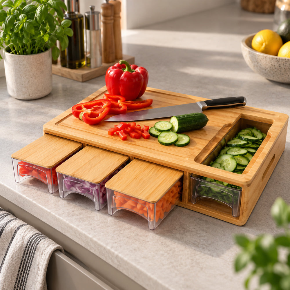 Bamboo Cutting Board with Storage Drawers and Grater