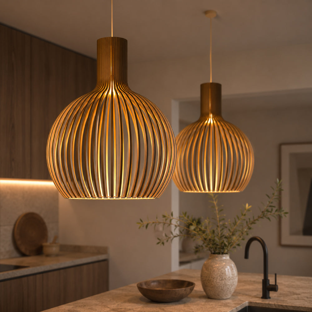Scandinavian Wood Pendant Light – Slatted Design for Dining Tables