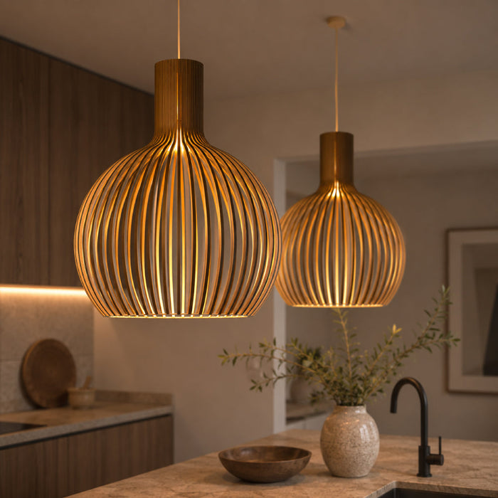 Scandinavian Wood Pendant Light – Slatted Design for Dining Tables