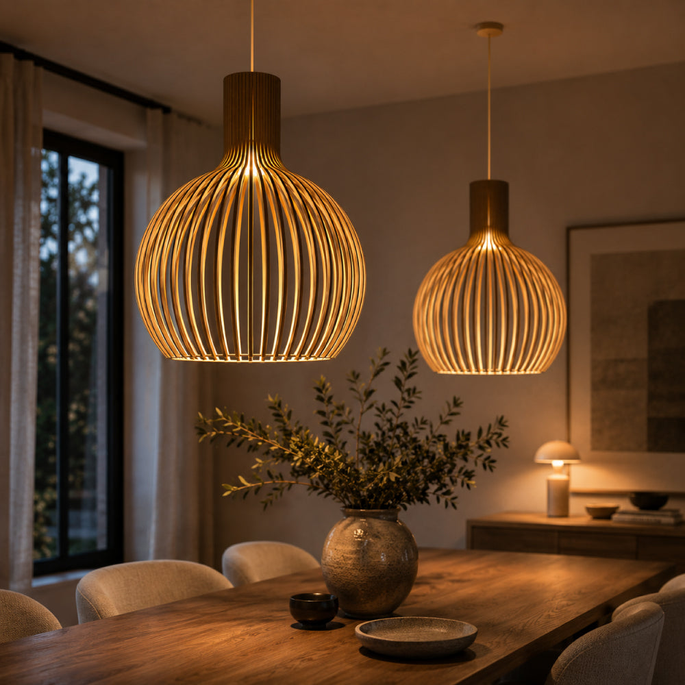 Scandinavian Wood Pendant Light – Slatted Design for Dining Tables