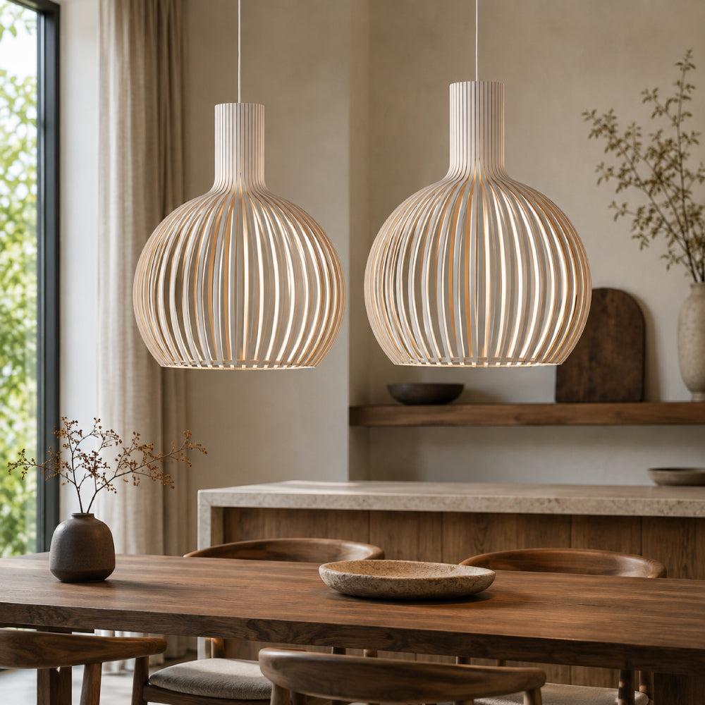 Scandinavian Wood Pendant Light – Slatted Design for Dining Tables