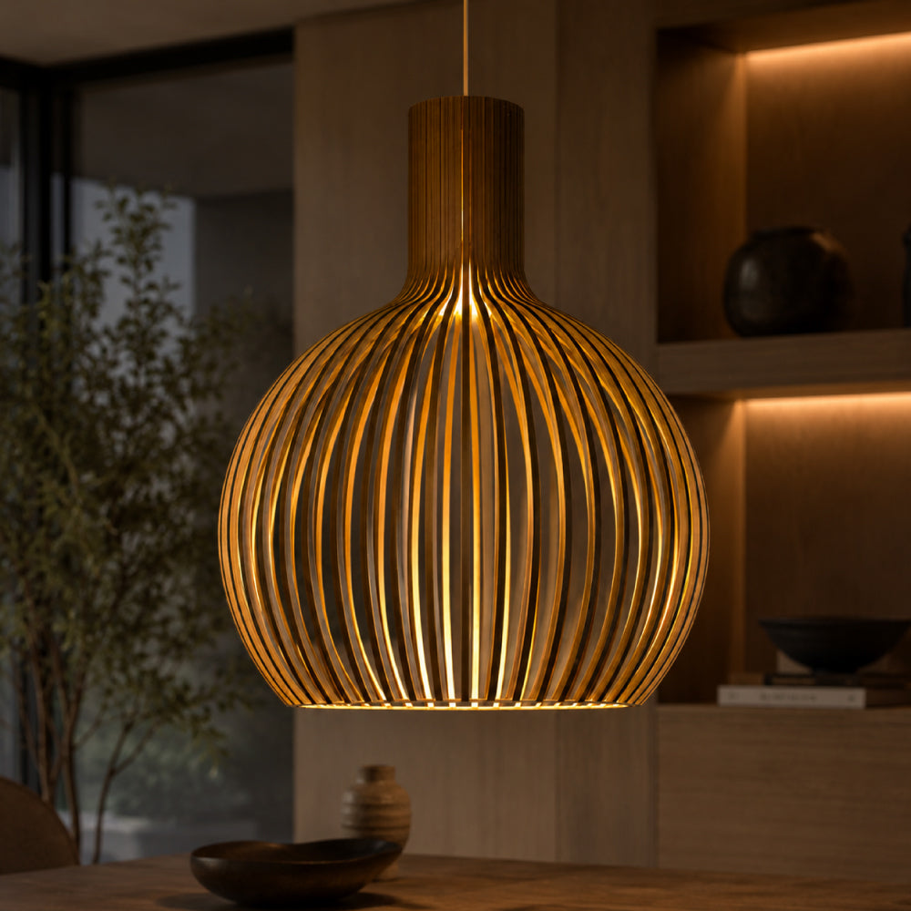 Scandinavian Wood Pendant Light – Slatted Design for Dining Tables