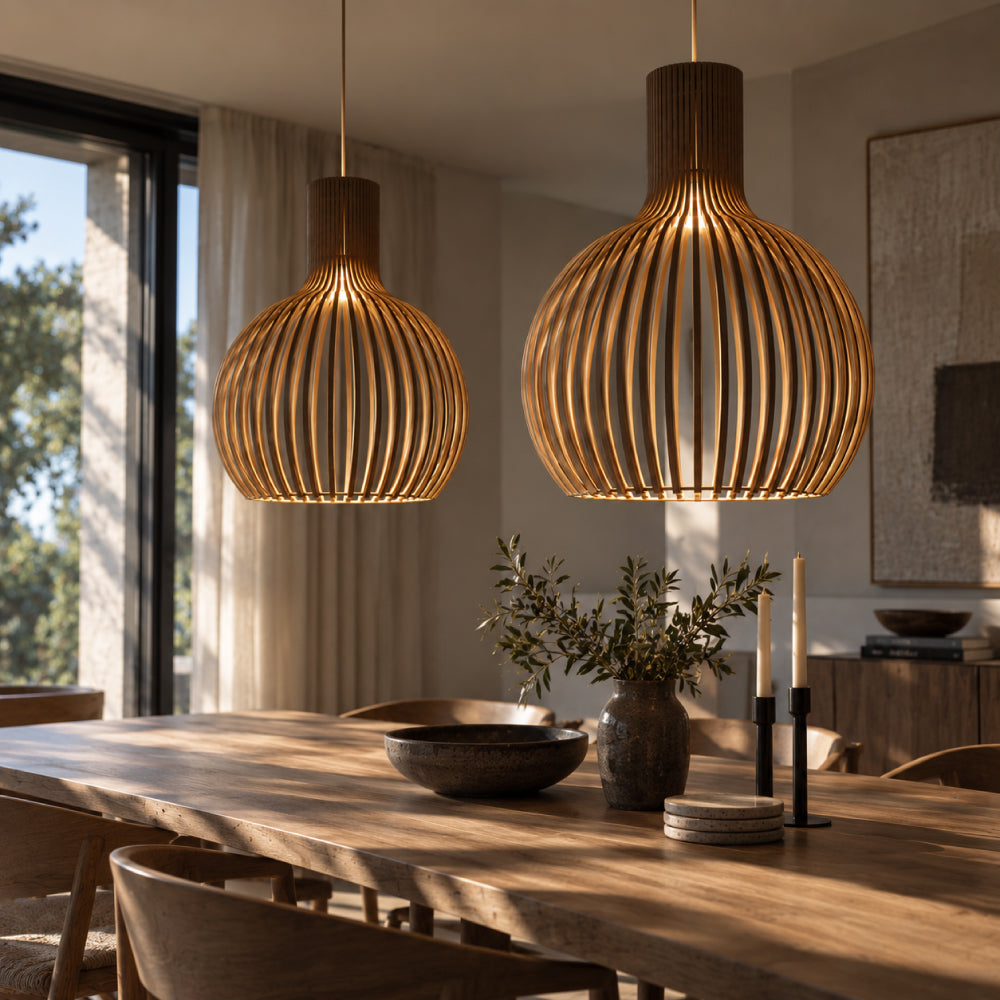 Scandinavian Wood Pendant Light – Slatted Design for Dining Tables
