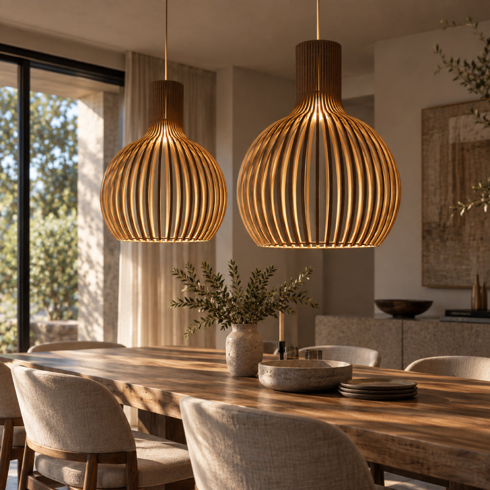 Scandinavian Wood Pendant Light – Slatted Design for Dining Tables