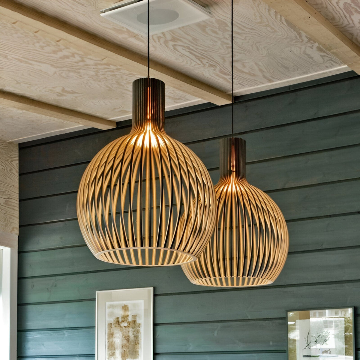 Scandinavian Wood Pendant Light – Slatted Design for Dining Tables
