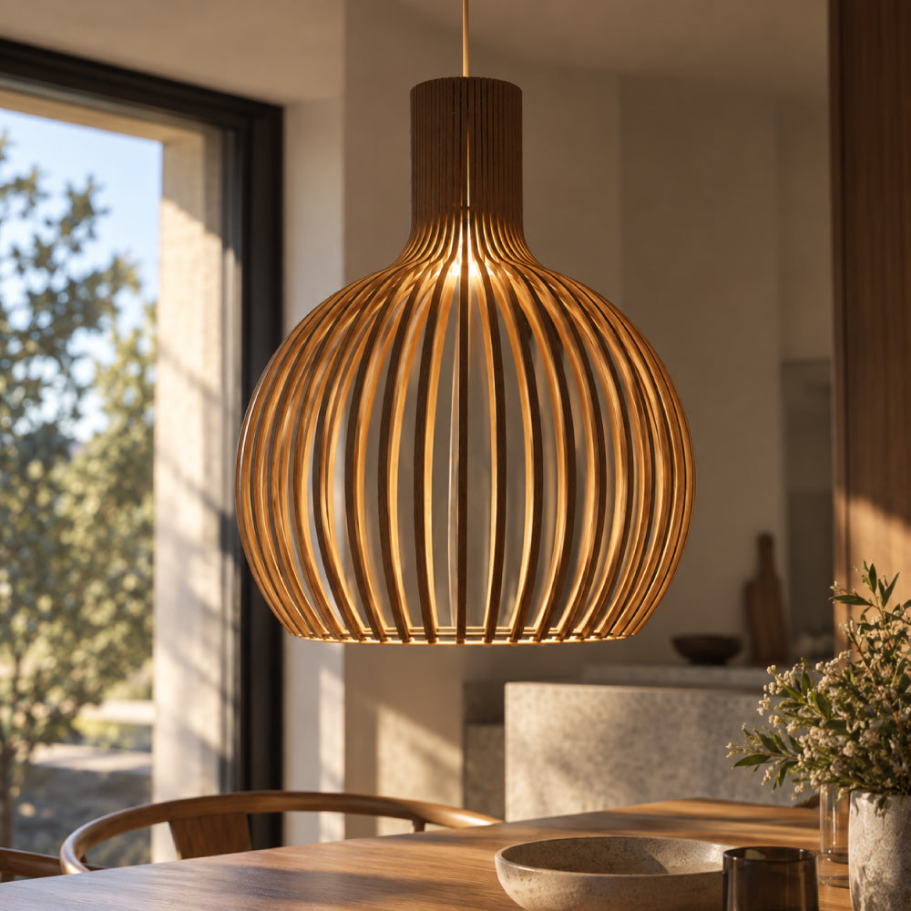 Scandinavian Wood Pendant Light – Slatted Design for Dining Tables