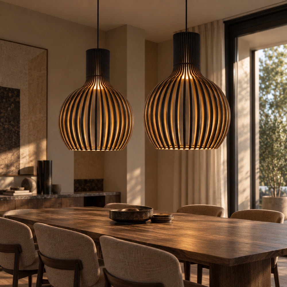 Scandinavian Wood Pendant Light – Slatted Design for Dining Tables