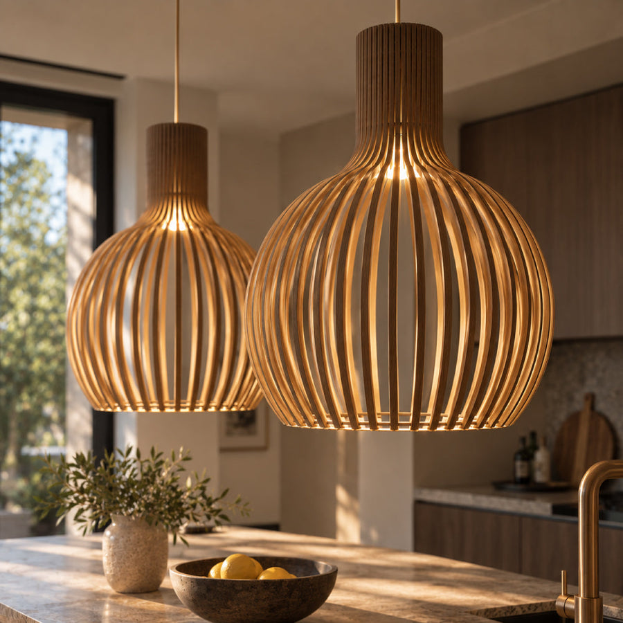 Scandinavian Wood Pendant Light – Slatted Design for Dining Tables