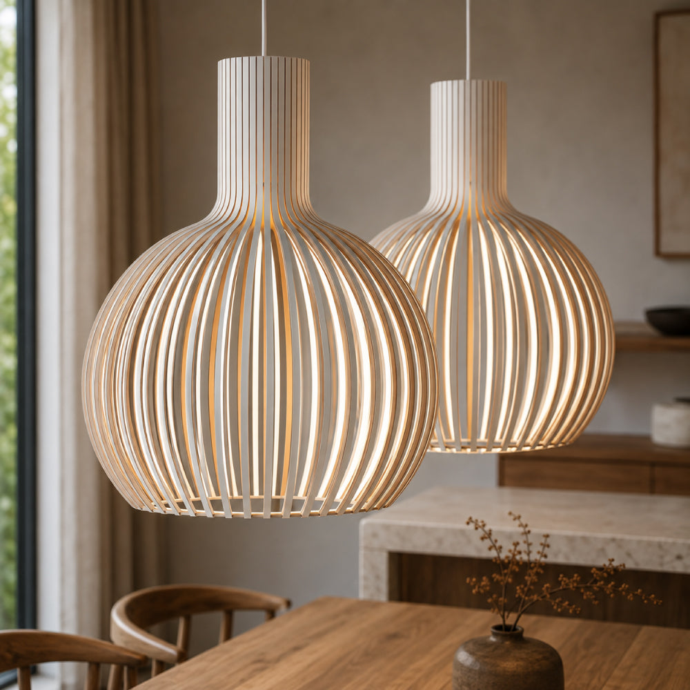 Scandinavian Wood Pendant Light – Slatted Design for Dining Tables