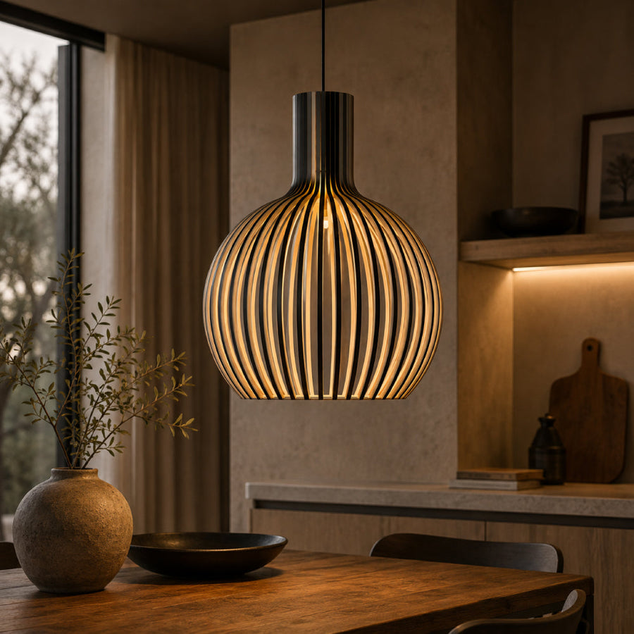 Scandinavian Wood Pendant Light – Slatted Design for Dining Tables