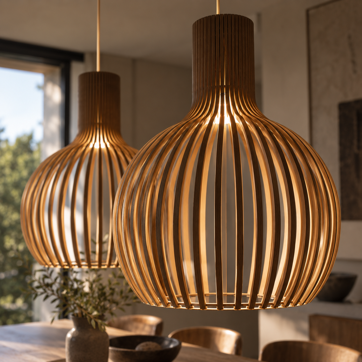 Scandinavian Wood Pendant Light – Slatted Design for Dining Tables