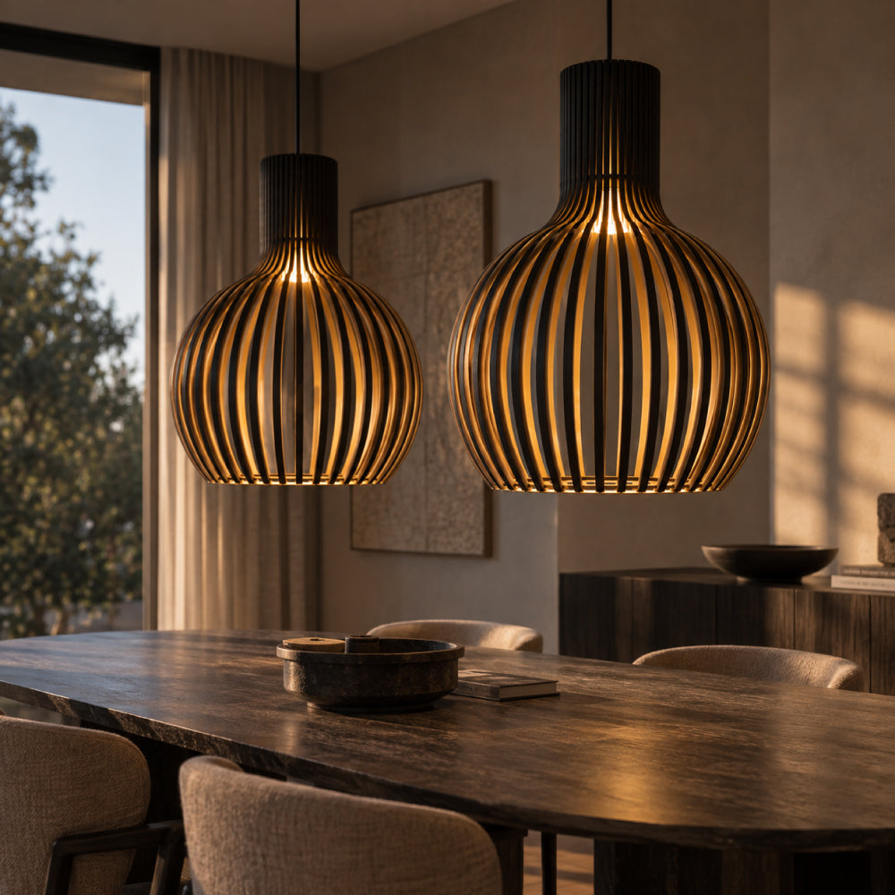 Scandinavian Wood Pendant Light – Slatted Design for Dining Tables