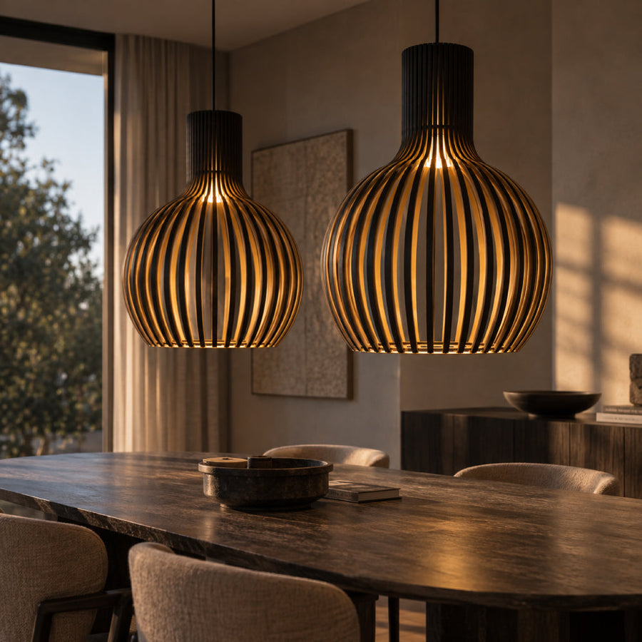 Scandinavian Wood Pendant Light – Slatted Design for Dining Tables