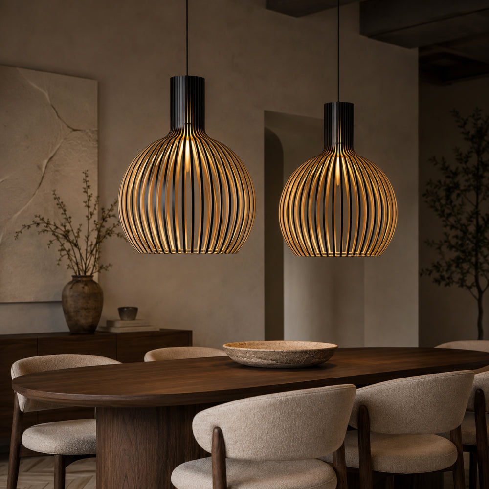 Scandinavian Wood Pendant Light – Slatted Design for Dining Tables