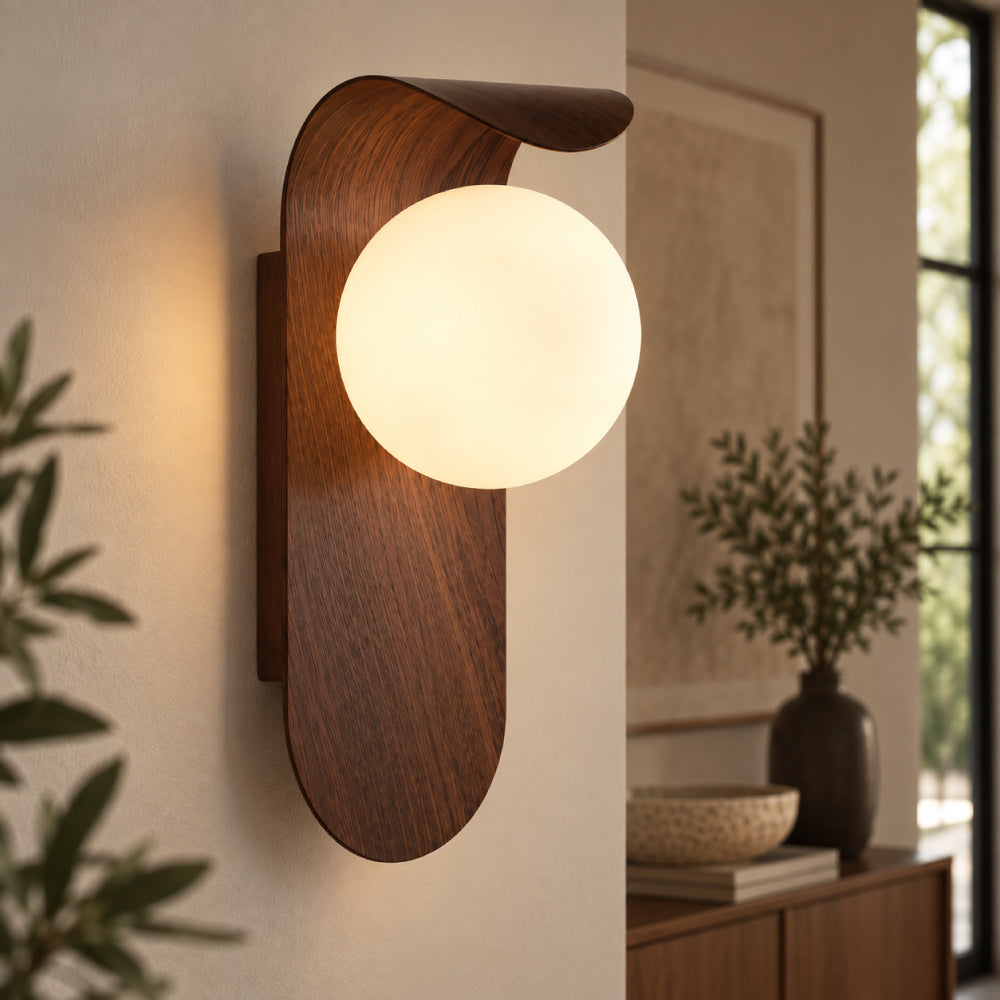 Scandinavian Wood Wall Light – Minimalist Globe Design with LED Light