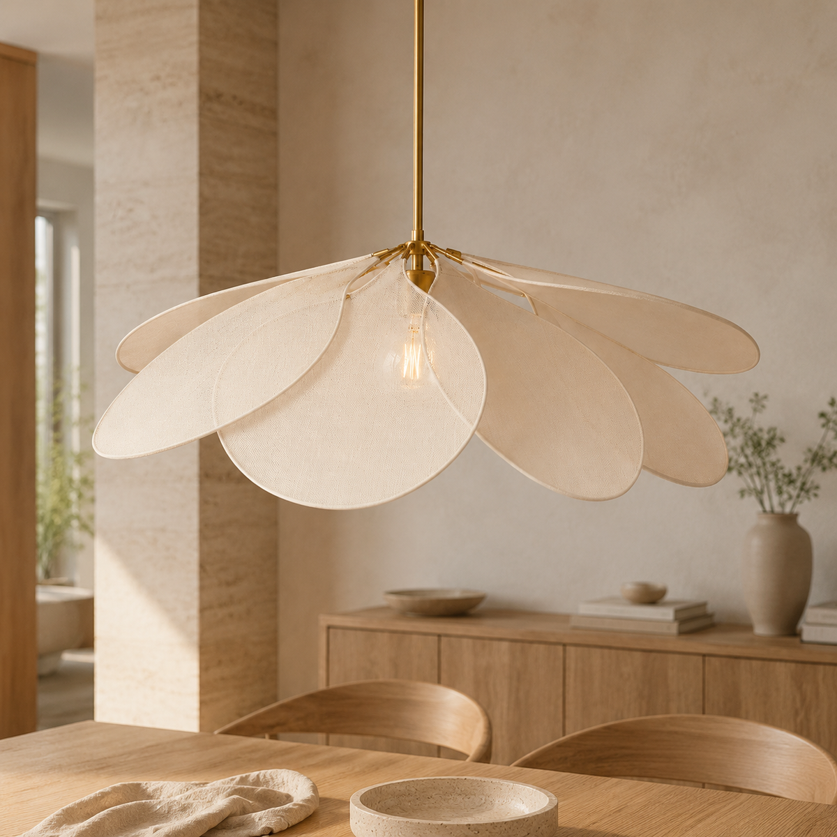 Floral Fabric Dining Pendant Light with Brass Details