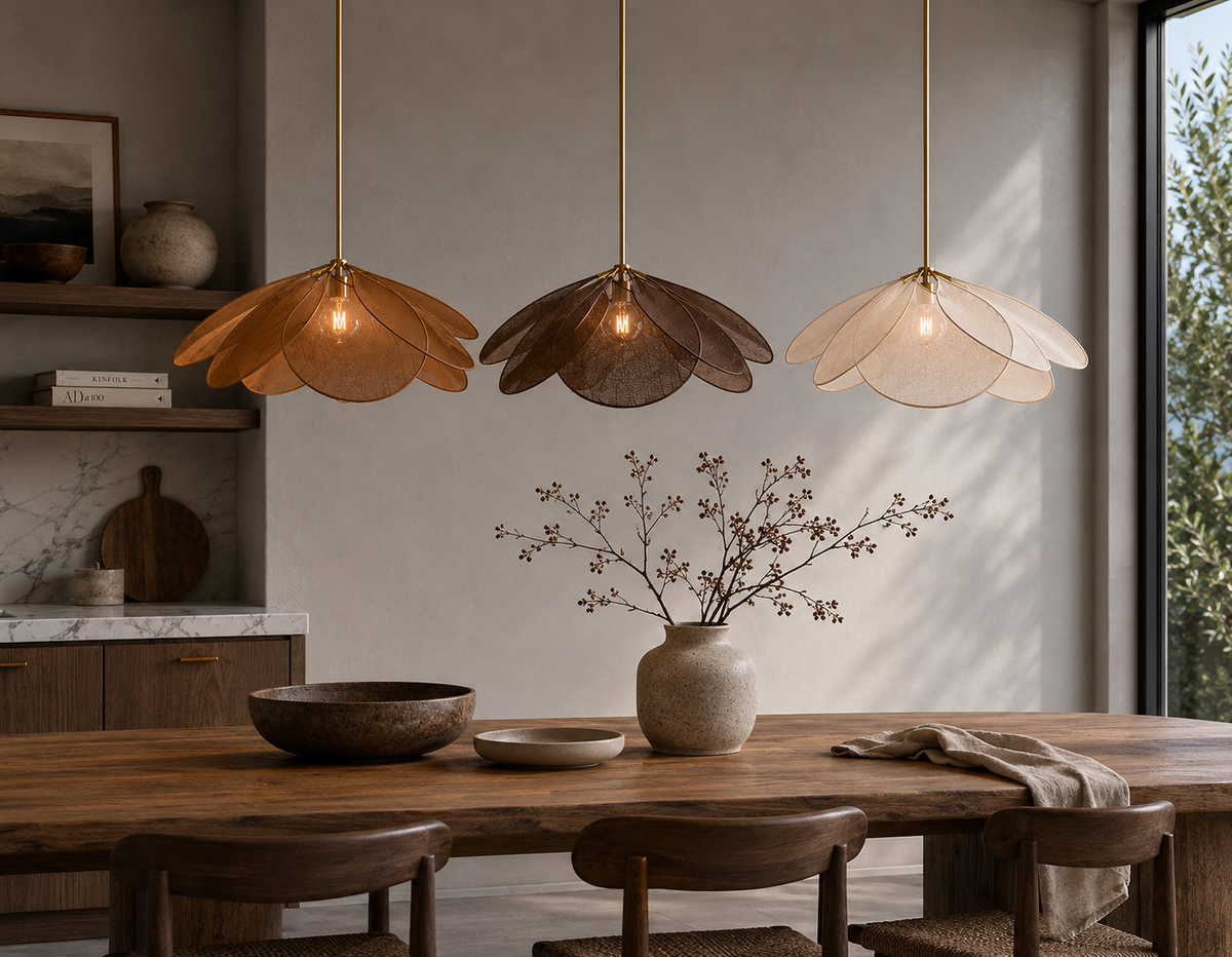 Floral Fabric Dining Pendant Light with Brass Details