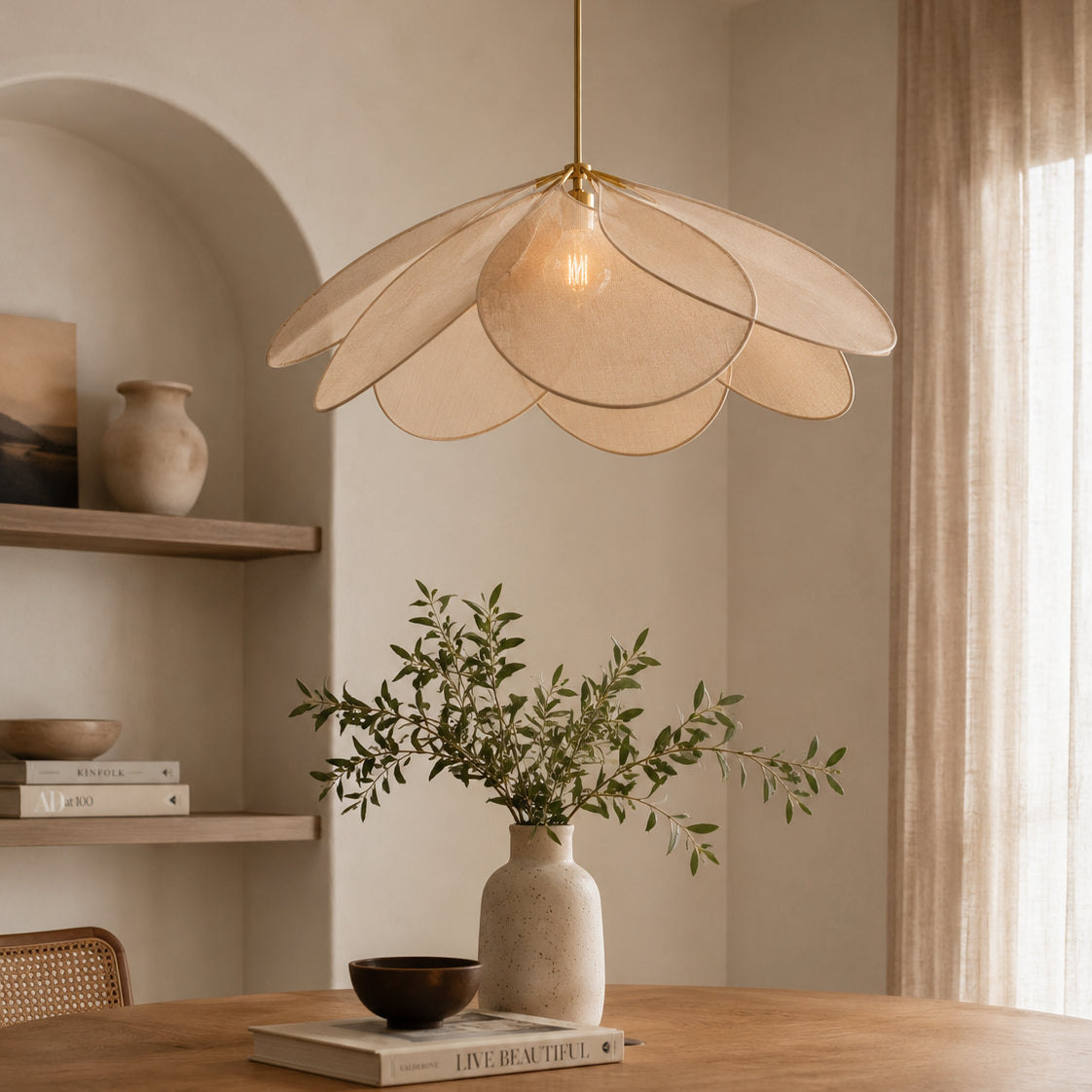 Floral Fabric Dining Pendant Light with Brass Details