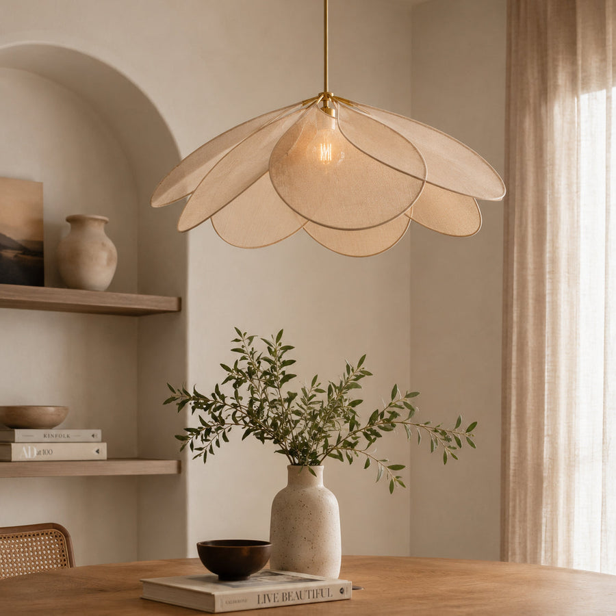 Floral Fabric Dining Pendant Light with Brass Details