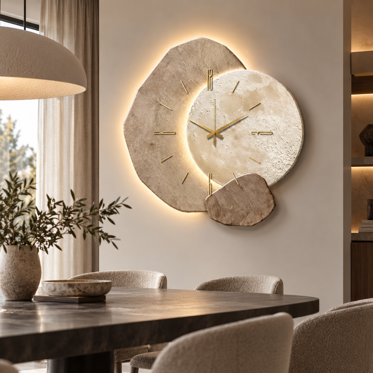 Large Natural Wood Wall Clock with Soft LED Lighting and Silent Movement