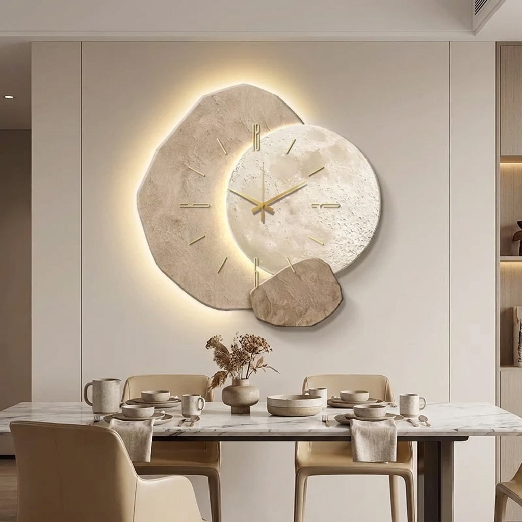 Large Natural Wood Wall Clock with Soft LED Lighting and Silent Movement