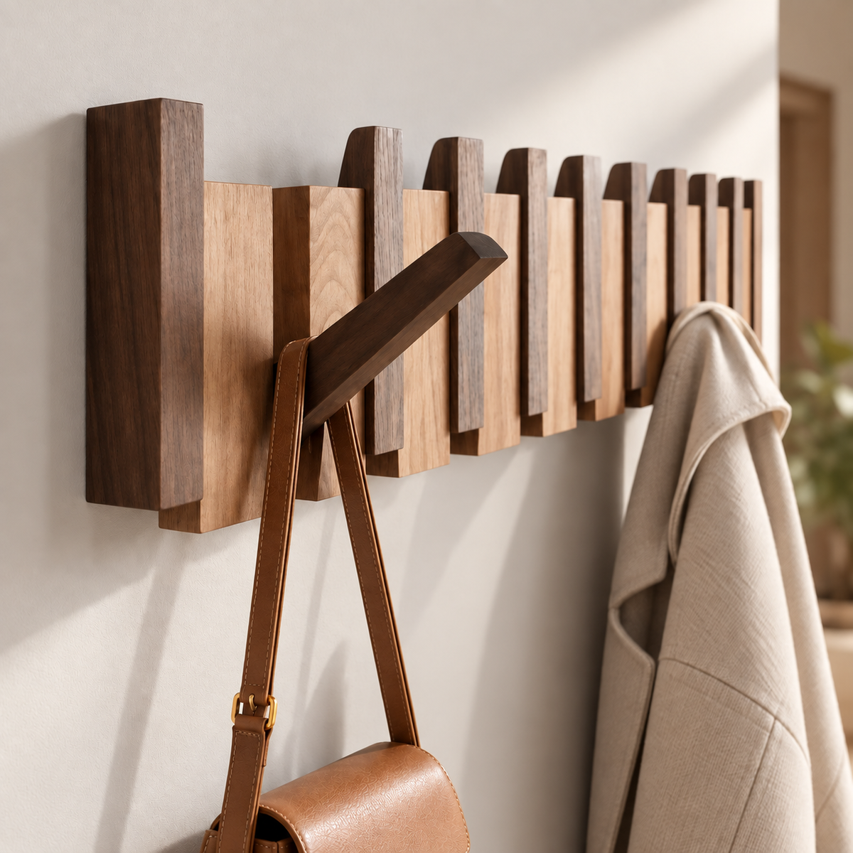 Walnut and Beech Wall Coat Rack – Piano Key Design with 4-8 Hooks