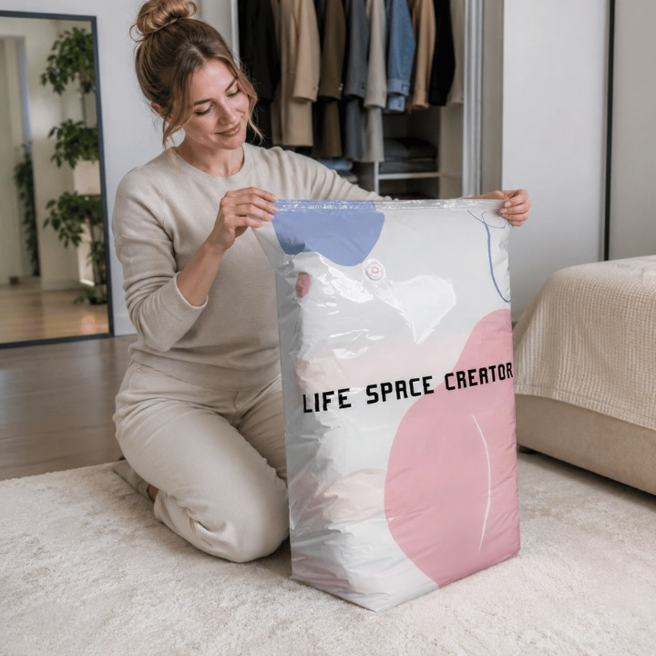 Vacuum Storage Bags for Clothes – Pump-Free Compression Bags with Built-in Valve, 4 Pack