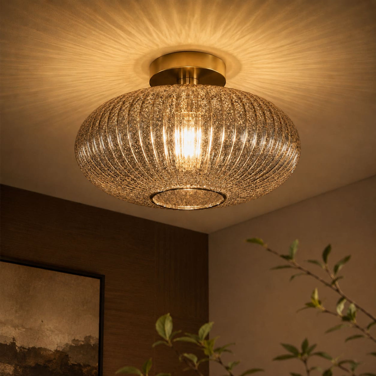 Vintage Entryway Ceiling Light in Smoked and Colored Glass – Elegant Atmospheric Lighting